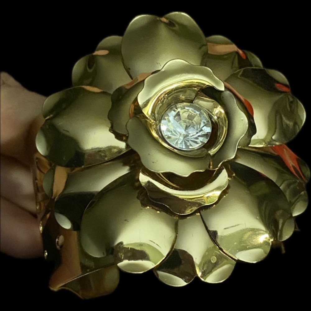 Gold Floral Alloy Cuff Bracelet with Crystal Accent